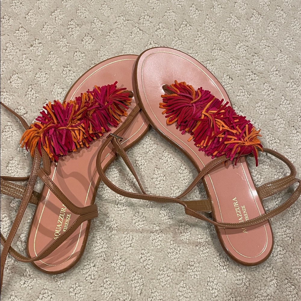 Aquazzura Pink and Brown Sandals with Colorful Tassels